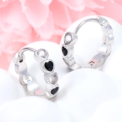 Heart Hoop Earrings with Black White Cubic Zirconia Sterling Silver Love Heart Huggie Earrings Cartilage Tiny Cute Small Huggie Hoops Hypoallergenic for Sensitive Ear for Women Daughter Birthday2