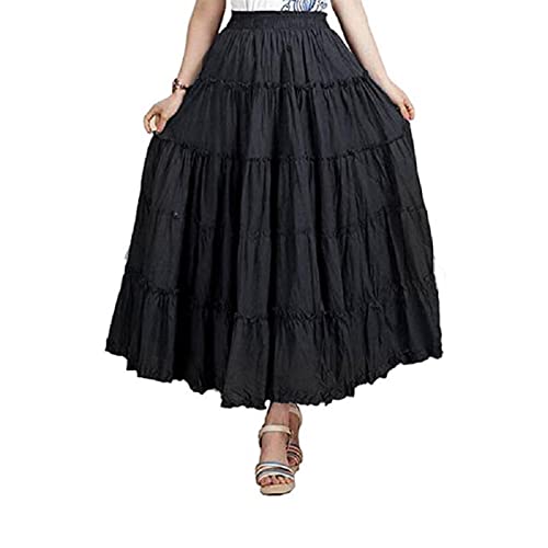 Saukiee Women's Bohemian Elastic Waist Long Skirt Cotton Circle Ruffle Broomstick Peasant Maxi Tiered Skirts