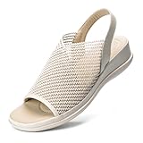 Mnking Sandalias Cuña Mujer Verano Sandalias Plataforma Comodas Plantilla Cuero Peep Toe Transpirable Tejido Malla Slingback para Caminar Tiempo Libre Oficina Beige EU35