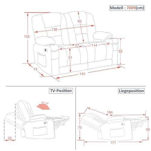 M MCombo Elektrisch 2er Sitzer Sofa mit Schlaffunktion, 2er Relaxsofa mit Taste 150° Verstellbar, Kinosessel mit Liegefunktion, USB & Getränkehalter, 7009 (Grau) – Bild 4