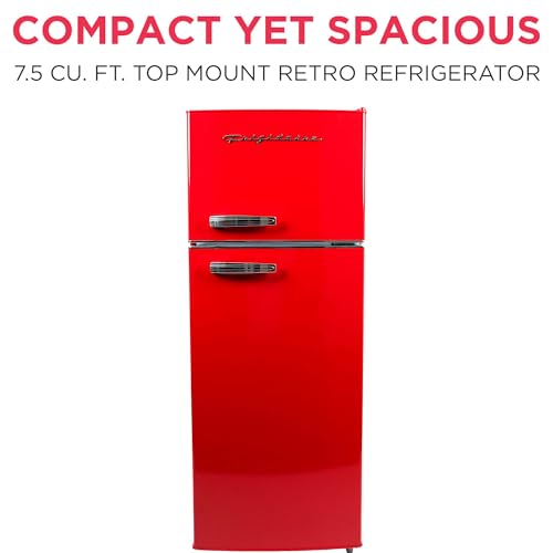 Frigidaire Retro Top Mount Upright Fridge-Freezer Combo, Apartment Size Fridge with Freezer 7.5 cu. ft. capacity - 23.2" D x 21.5" W x 55.5" H (Red)