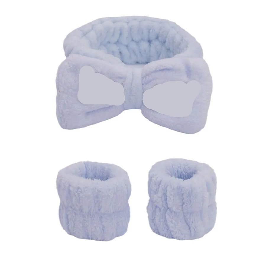 2 juegos 3 unids/set lindo Coral blando polar muñequera lazo diadema for mujeres lavar la cara baño absorber agua accesorios for el cabello para Belleza Lavado de Cara Bañarse(Light blue)
