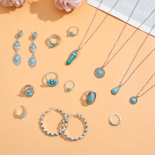 NEWITIN 20 Pieces Silver Bohemian Jewelry Set for Women Fashion Costume Jewels Turquoise Necklace Bracelet Ring Earrings Western Turquoise Jewelry Set for Women4