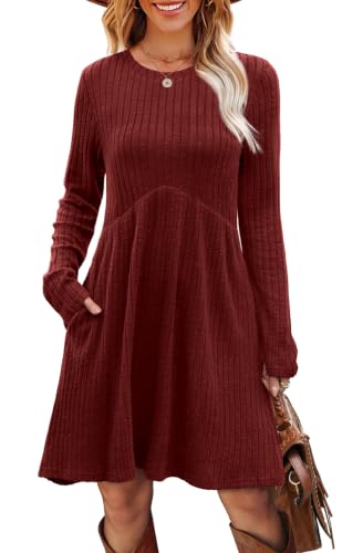 Image of OFEEFAN Long Sleeve Dress for Women Crew Neck Empire Waist Tunic Dress with Pockets