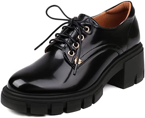 Latasa Oxford Shoes for Women Black Platform Chunky Oxfords Round Toe Lace up Loafers Business Casual Work Office Shoes (9, Black Matte)