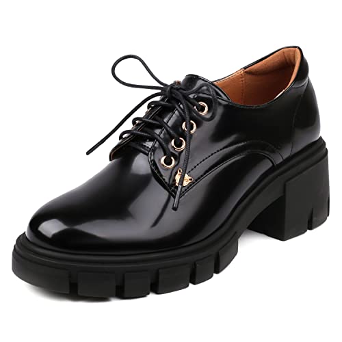 Latasa Oxford Shoes For Women Black Platform Chunky Oxfords Round Toe Lace Up Loafers Business Casual Work Office Shoes (9, Black Matte) #TOP15
