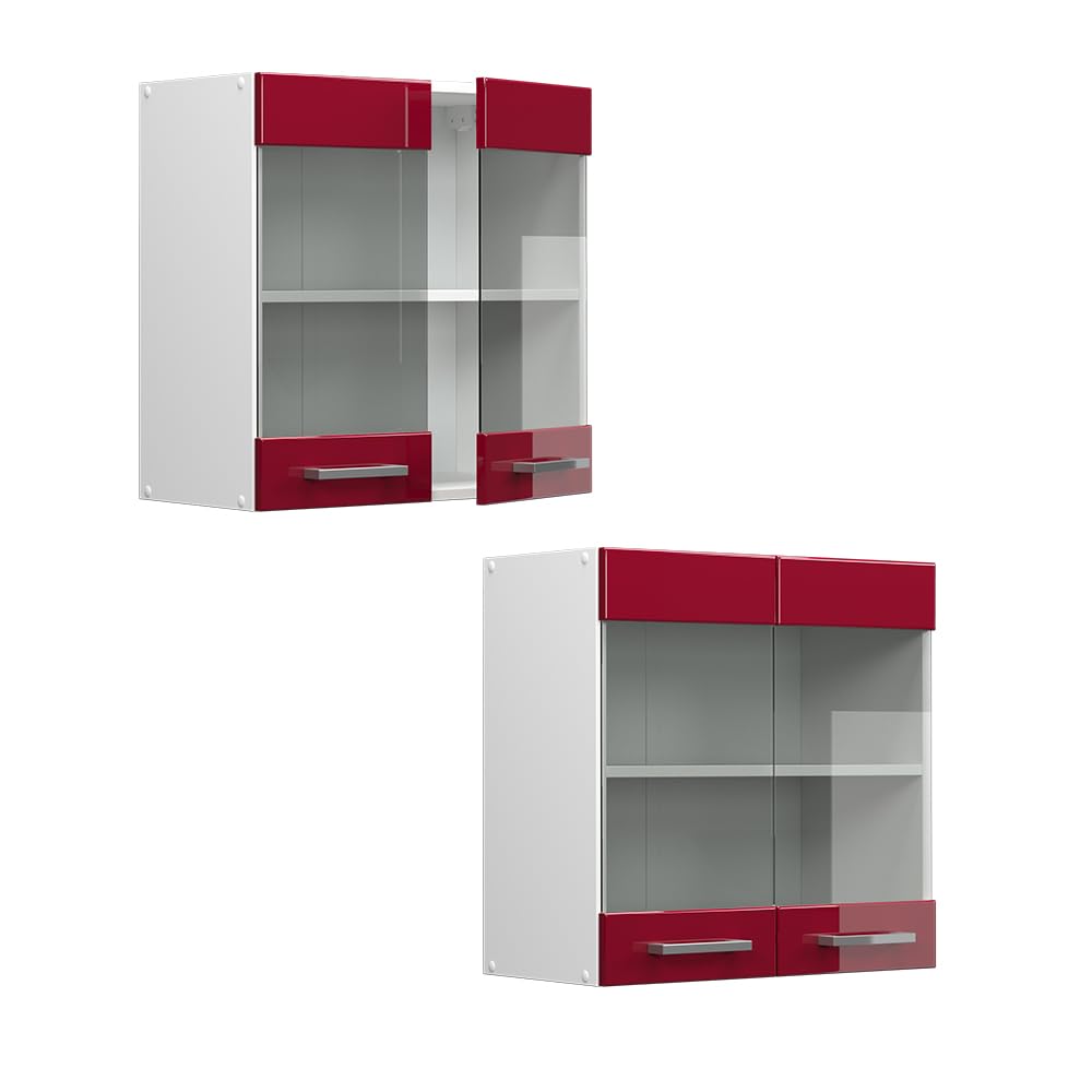 Vicco Armoire Suspendue R-Line, Rouge Bordeaux Haute Brillance, 60cm avec Portes vitrées, pour Le Rangement d’Objets ménagers et Utilitaires