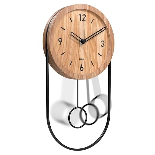 Driini Decorative Wall Clock with Pendulum (Light) – Modern Wood; 3D Black Numbers; Metal Frame – Small, Unique Wall Clocks for Living Room Decor or Bathroom - Battery Operated, Silent, Non-Ticking