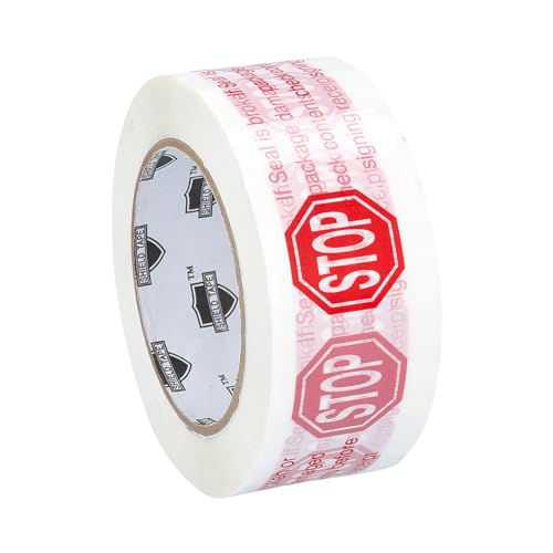 PSBM Broken Seal Tape with Dispenser, 2 Inch x 110 Yards, 6 Pack Tape + 1 Dispenser, Stop Sign Seal is Broken Check Contents in Red Letters on White Tape