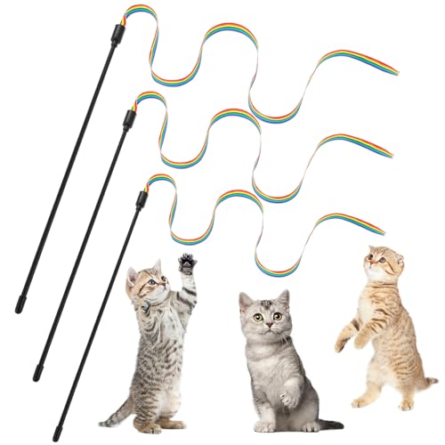Jeffdad 3 Piezas Varita Mágica para Gatos Juguete Arco Iris, Varita Mágica Interactiva para Gatos, Varita Mágica Juguete para Gatos Varita con Cinta Arco Iris para Entrenamiento de Gatitos (60 cm)