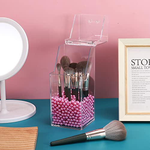 Image of Sooyee Makeup Brush Holder,Makeup Brush Organizer with 8mm Pink Pearls,Dustproof Makeup Brush holder with Lid