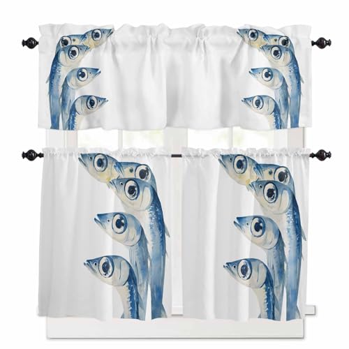 Blue Fish Kitchen Curtains 36 Inch Length, 3 Piece Rod Pocket Small Half Tiers and Valance Set, Coastal Ocean Animal Watercolor White Small Large Window Treatment Decor for Bedroom/Bathroom Sink
