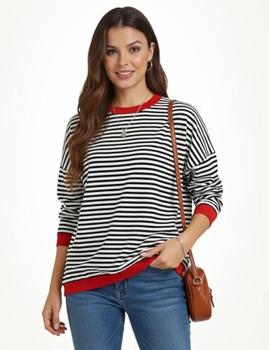 Image of Buauty Womens Long Sleeve Crewneck Knitted Striped Sweaters Casual Color Block Drop Shoulder Pullover 2025 Trendy Tops