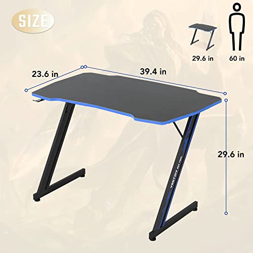 Image of BestOffice Gmaing Desk Z Shaped 39.4in Computer Gaming Workstation Ergonomic Gaming Table with Headphone Hook for Game Players, Blue