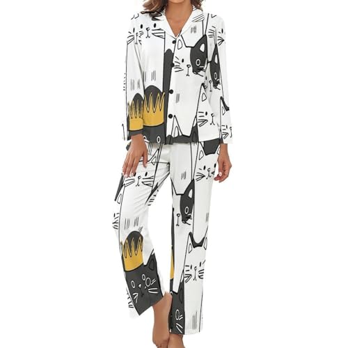 Pyjama femme manches longues boutonnées haut pantalon fluide rayures mignonnes