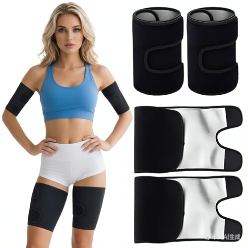 Techbrighten 4 PCS Thigh & Arm Wrap Compression Set Thigh Hamstring Brace for Weight Loss Sweat Bands Slimmer for Women and Men Black Silver