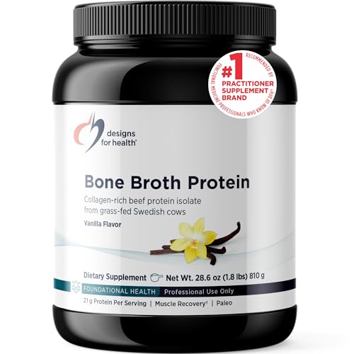 Designs for Health Bone Broth Protein Powder – 21g Grass-Fed, Collagen-Rich Beef Protein Isolate – Vanilla, Paleo, Non-GMO, Dairy-Free (30 Servings / 810g)