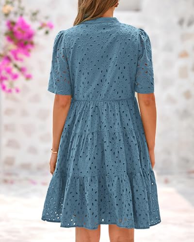 Image of BTFBM Womens Boho Summer Dresses 2026 Spring V Neck Short Sleeve Hollow Out Lace Ruffle Casual Beach Mini Vacation Dress