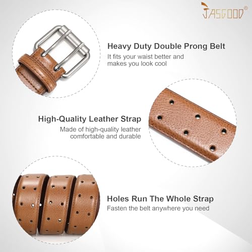 Image of JASGOOD Men Double Prong PU Leather Belt Casual Work Heavy Duty Belt Double Grommet Holes Belt for Jeans