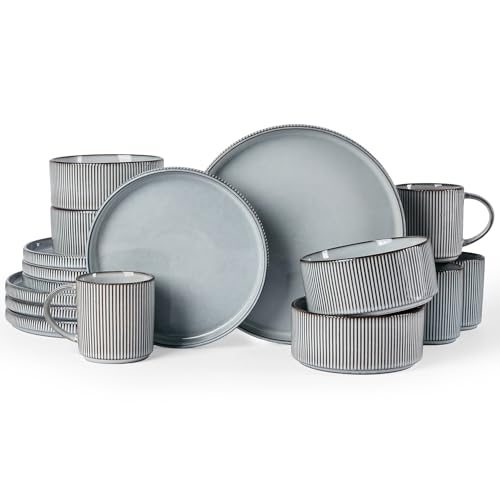 Image of Famiware Star 16-Piece Stoneware Dinnerware Set, Service for 4, Reactive Glaze Mugs, Plates and Bowls, Dishes with Trim, Modern Rustic, Chip /Scratch Resistant, Microwave /Dishwasher Safe, Smoky Blue
