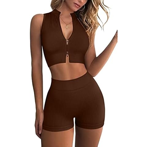 QINSEN Gym 2 Piece Yoga Sets for Women Zip Up Crop Tops Ribbed High Waist Booty Shorts Exercise Workout Outfits, Coffee, Large Cover