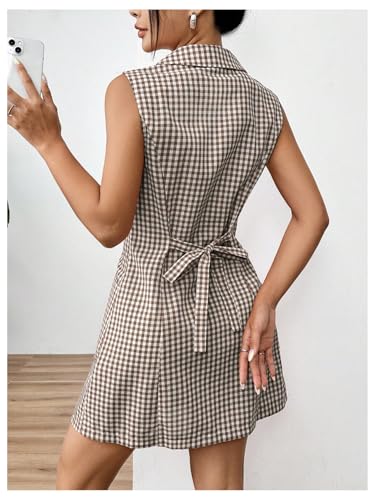 MakeMeChic Women's Plaid Gingham Lapel Button Down Short Dresses Sleeveless A Line Shirt Dress with Pocket2