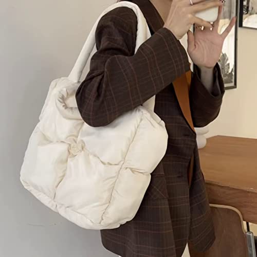 MadGrandeur Puffer Tote Bag Damen Glänzend Gesteppt Puffy Tote Bag Daunen Gepolsterte Schultertasche Süße Handtasche Ästhetische Handtasche, Z-weiß, Large