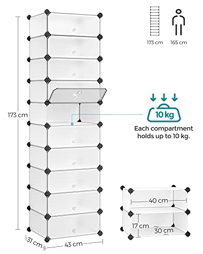 SONGMICS Meuble À Chaussures avec 10 Compartiments, ÉtagÈre Modulable en Plastique, BoÎte À chaussures, avec Porte, Maillet, Rangement, Blanc LPC10W