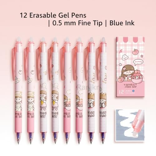 Image of Erasable Gel Pens Pack of 12 | 0.5 mm Fine Tip Blue Ink | Cute Cartoon Design | Smooth Writing Heat Erase Pens for School, Students, Kids & Office Use