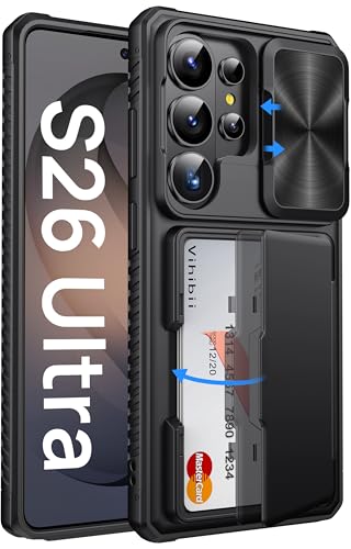 Vihibii for Samsung Galaxy S26 Ultra Case with Card Holder (4 Cards) RFID Blocking & Slide Camera Cover Military Grade Drop Protection Wallet Phone Case for Samsung Galaxy S26 Ultra 6.9 2026 Black