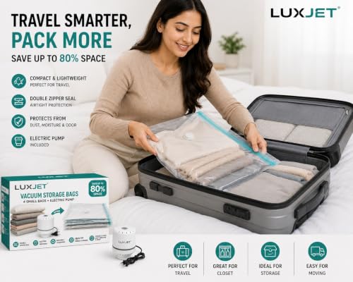Image of Vacuum Storage Bags with Electric Air Pump, 4 Pack Small Vacuum Seal Bags for Clothing, Space Saver Vacuum Storage Bags for Blanket, Duvets, Pillows, Comforters