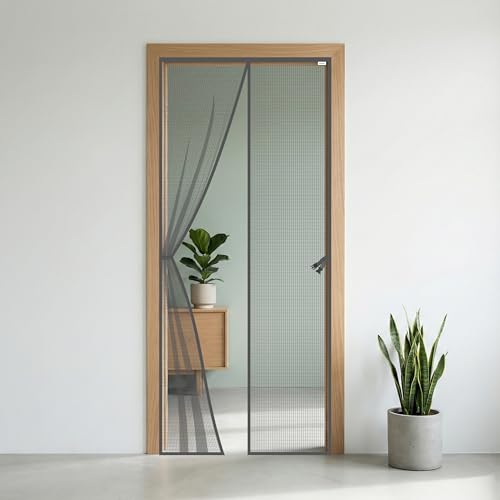 WNE Jaliwale Fiberglass Magnetic Mosquito Net for Door with Straps | Grey | 220 x 110 CM | Self Closing Magnetic Door Curtain