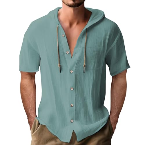 Mens Cotton Linen Hoodies Lightweight Button Up Long Sleeve Shirts with Hood Stylish Thin UPF 50+ Sun Protection Shirt