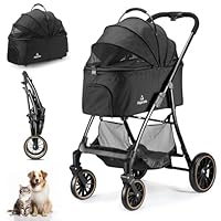 Asperata Pet Stroller for Small/Medium Dogs & Cats up to 55 lbs, Upgraded 4 Wheels Dog Stroller for Large Dogs, 3-in-1 Foldable Portable Travel Carrier for 2 Cats with Storage Basket and Cupholder