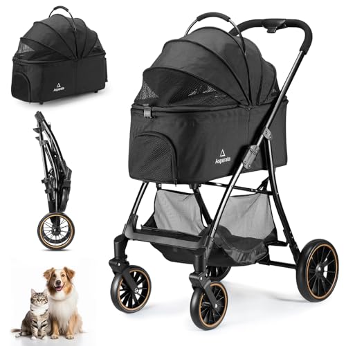 Pet Stroller for Small/Medium Dogs & Cats up to 55 lbs, Upgraded 4 Wheels Dog Stroller for Large Dogs, 3-in-1 Foldable Portable Travel Carrier for 2 Cats with Storage Basket and Cupholder