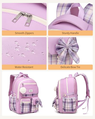 Image of Backpack for School Girls, 3Pcs Kids Cute Bookbag with Lunch Box Pencil Pouch, Student Pack Fits 15.6 Inch Laptop for Teens bag for Kindergarten Elementary Preschool Middle School, Purple Tartan