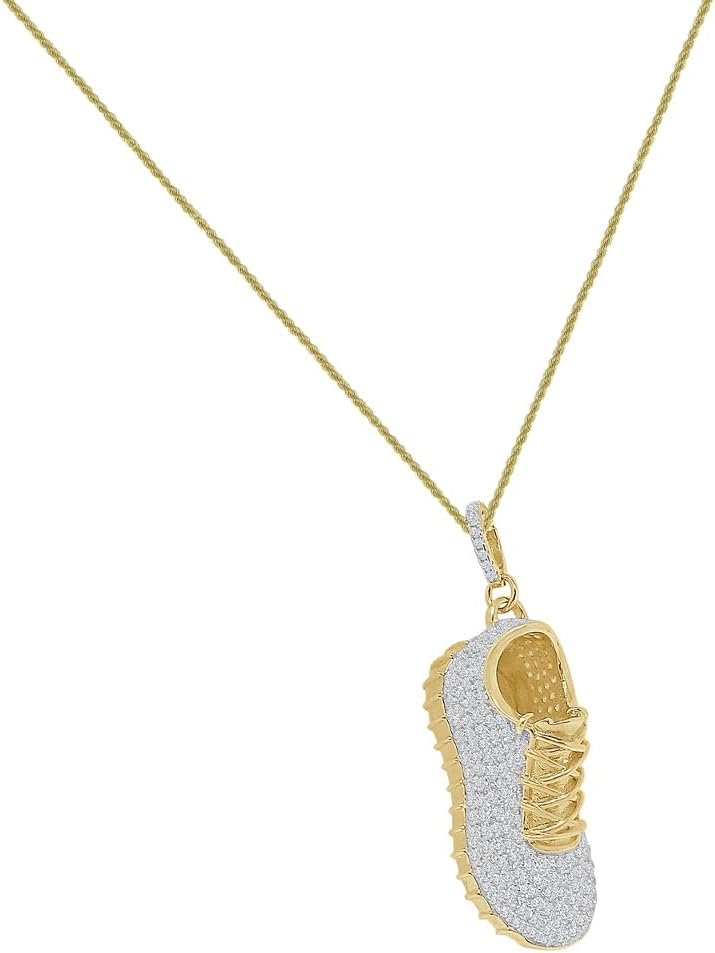 VVS1/D 2.00 Ctw. Authentic Italian Sterling Silver Lab Simulated Diamonds 14K Gold Finish Sports Shoe Sneaker Men's Pendant Charm 1.75 Inch. +Free Rope Chain Neckless