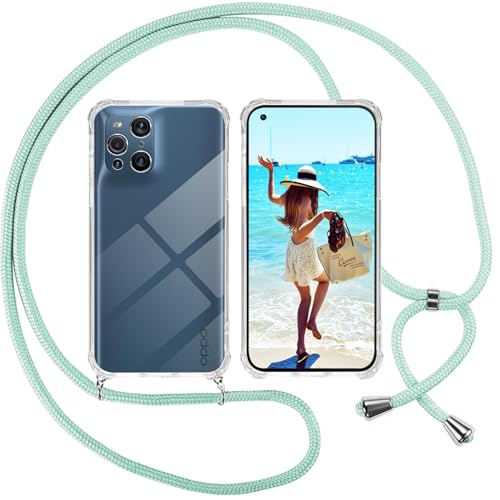 ISOI Funda con Cuerda para OPPO Find X3 Pro, Carcasa Transparente TPU Suave Silicona Case con Correa Colgante Ajustable Collar Correa de Cuello Cadena Cordón, Verde