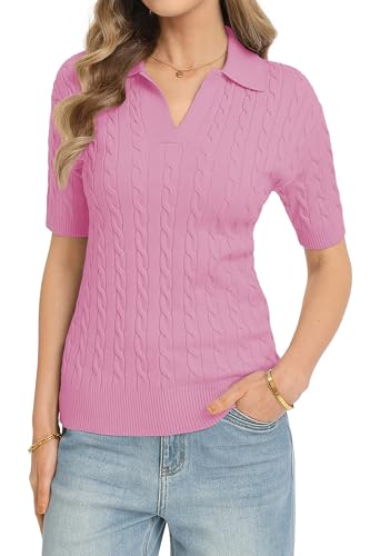 Image of QUALFORT Cable Knit Women's Short Sleeve Sweater Soft V Neck Polo Tops