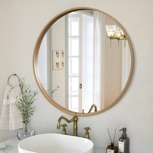 WallBeyond Round Wood Mirror 32 Round Modern Decoration Large Circle Wall Mirror for Bathroom Living Room Bedroom Entryway Honey