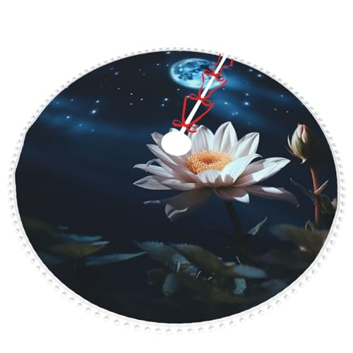 Jupe de sapin de Noël forme fleur lune et bordure pompons double couche