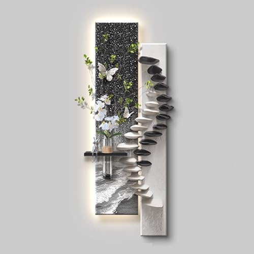 3D Sandstone Wall Art With Warm LED Lights, Sandstone Wall Decor With Remote, Modern Textured 3D Art With Faux Greenery & Vase, For Living Room Bedroom Office Entry(Black 1,70x140cm/27.6x55.1in)