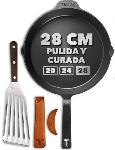 TECOR sartén hierro fundido inducción 28 cm, pulida - Naturalmente antiadherente y apta para todo tipo de fuentes de calor - Duradera y versátil, ideal para cocineros aficionados y profesionales