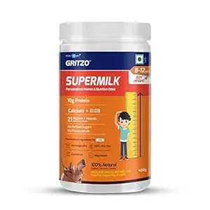 Gritzo SuperMilk Height+ for 8-12y Boys, Personalized Health Drink for Kids, High Protein (10 g) with Calcium + D3, 21 Vitamins & Minerals, Zero Refined Sugar, 100% Natural Double Chocolate, 400 g