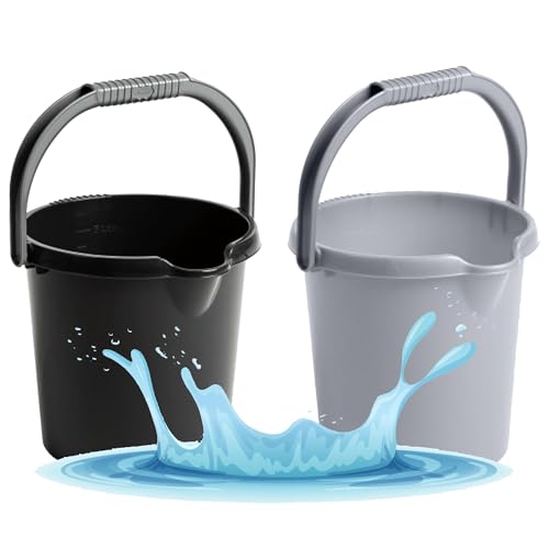 Multipurpose Storage, Garden, Cleaning & Kitchen 5 Litre Strong Plastic Black Or Grey Buckets With Handle (2, Grey)