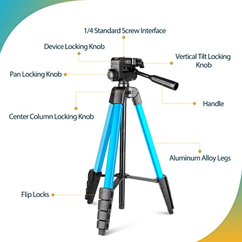 Image of Aureday Phone Tripod Stand, 64 inch Extendable Cell Phone&Camera Tripod with Wireless Remote and Phone Holder, Aluminum iPad Tripod for Video Recording /Selfies /Live Stream /Vlogging (Blue)