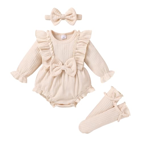 Image of YOUNGER TREE Newborn Baby Girl Clothes Sweater Long Sleeve Ruffle Bow Romper Bodysuit Spring Fall Winter Outfits