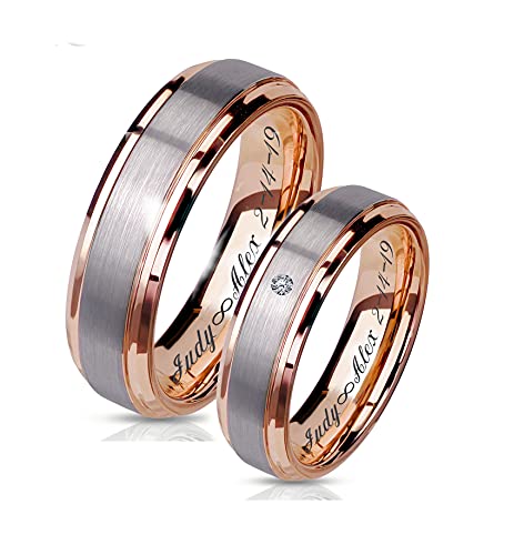Personalized Brushed Silver & Rose Gold Tungsten Ring Set Custom Engraved Free In Any Language - Couple's Ring Set - Wedding Band Set - Ships from USA3
