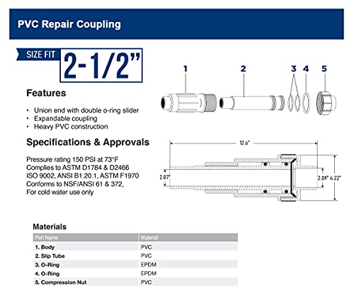 Image of Midline Valve 567SD212 Heavy Duty PVC Repair Coupling; Expandable Pipe Fitting; 2-1 /2 in.; White Plastic