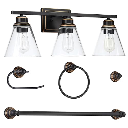 Image of Oil Rubbed Bronze 3-Light Bathroom Vanity Light and Accessories Kit, 5-Piece All-in-One Bathroom Light Set Includes Oil Rubbed Bronze 3-Light Vanity Light,Robe Hook,Tissue Holder,Towel Bar,Towel Ring